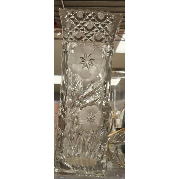 Unique Vintage Other - Vintage‎ Vase Crystal Cut Glass Etched Flower & Starburst Rectangular 10 Inches